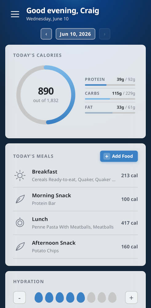 Flurrio Calorie Tracker dashboard with calorie ring, macros, and meals