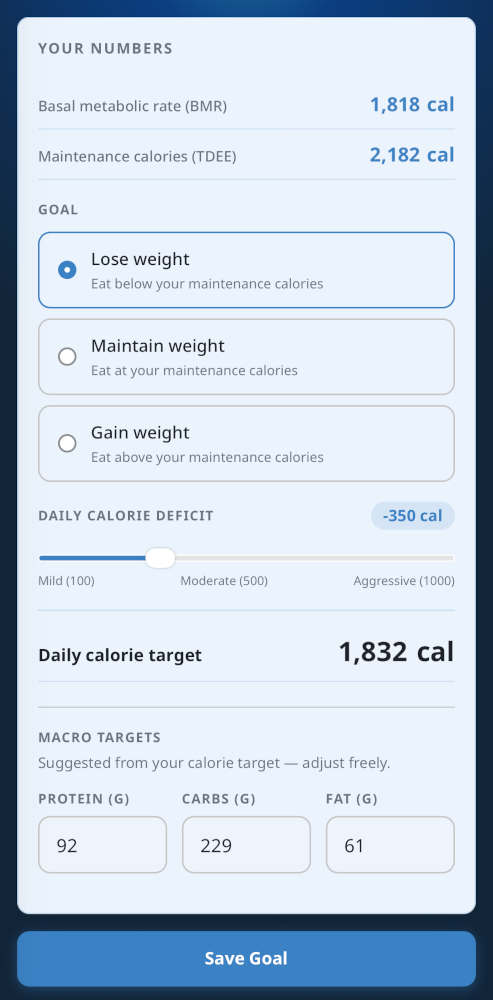 Flurrio Calorie Tracker goals screen with calorie target and macro targets