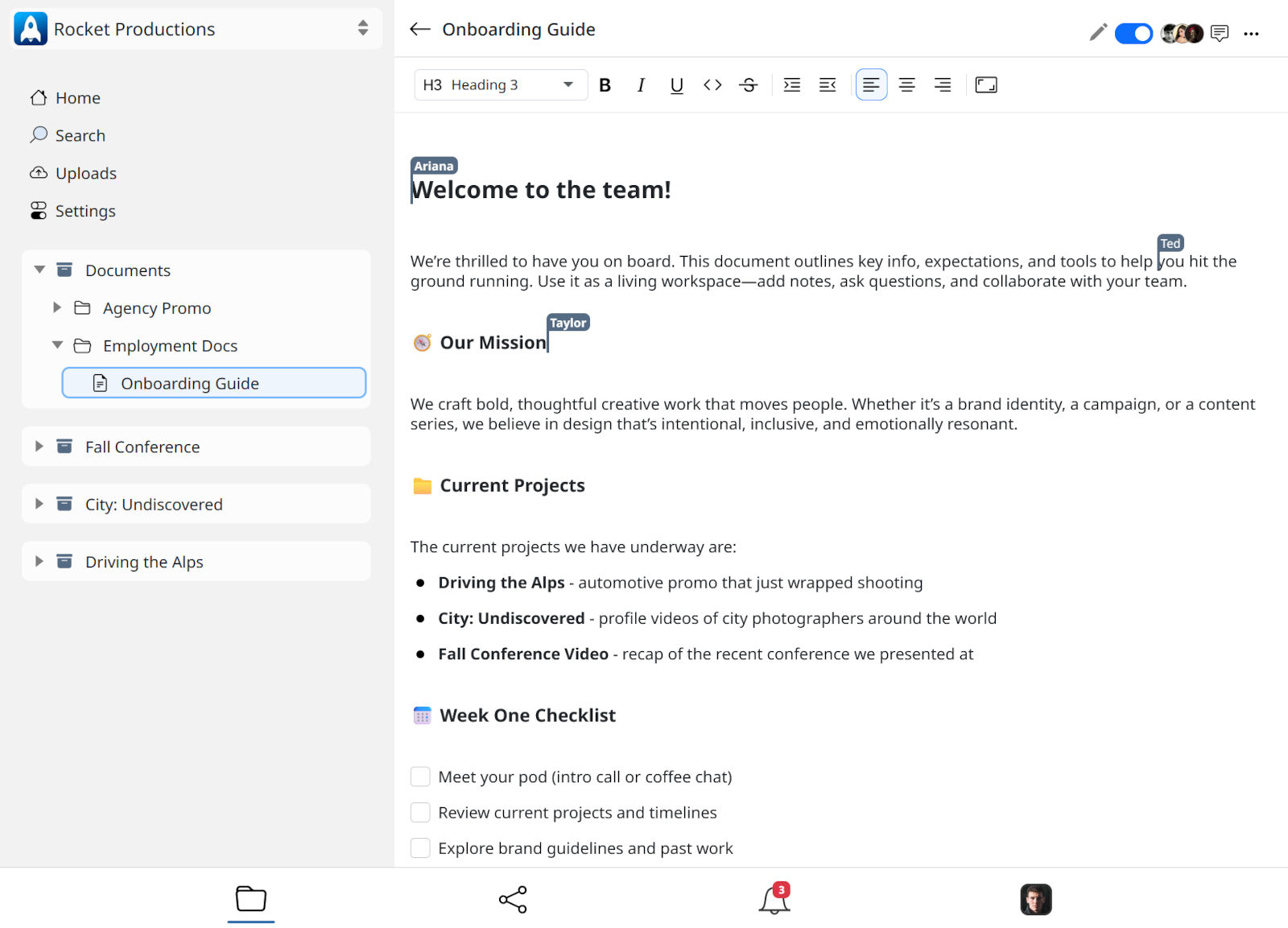 A Flurrio onboarding document being edited by several teammates at once