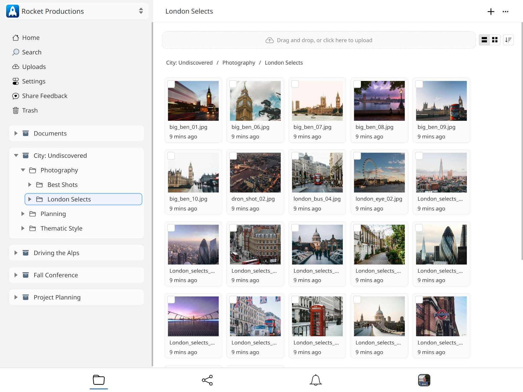 Flurrio file and media management dashboard with organized folders and file previews