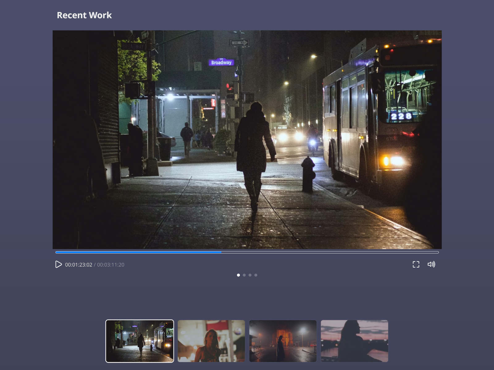 Flurrio review link playing a video reel of recent work with thumbnail navigation