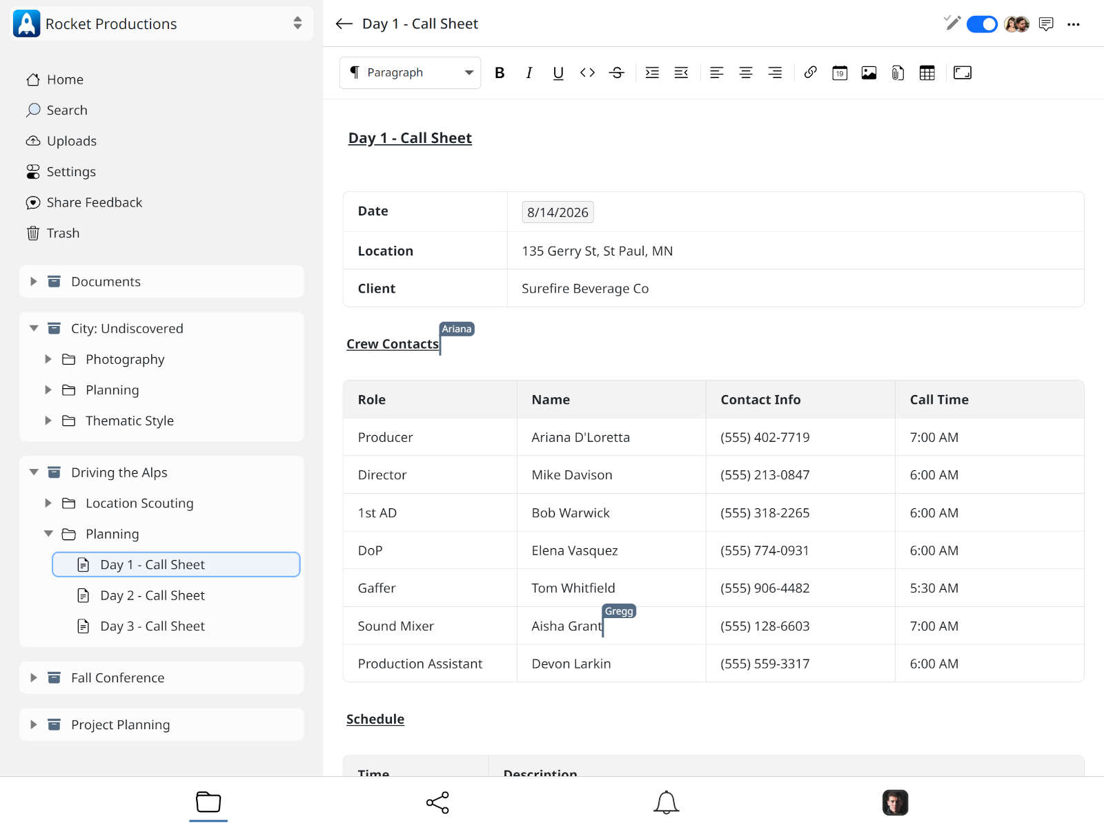 Collaborative production brief open in Flurrio with real-time editing