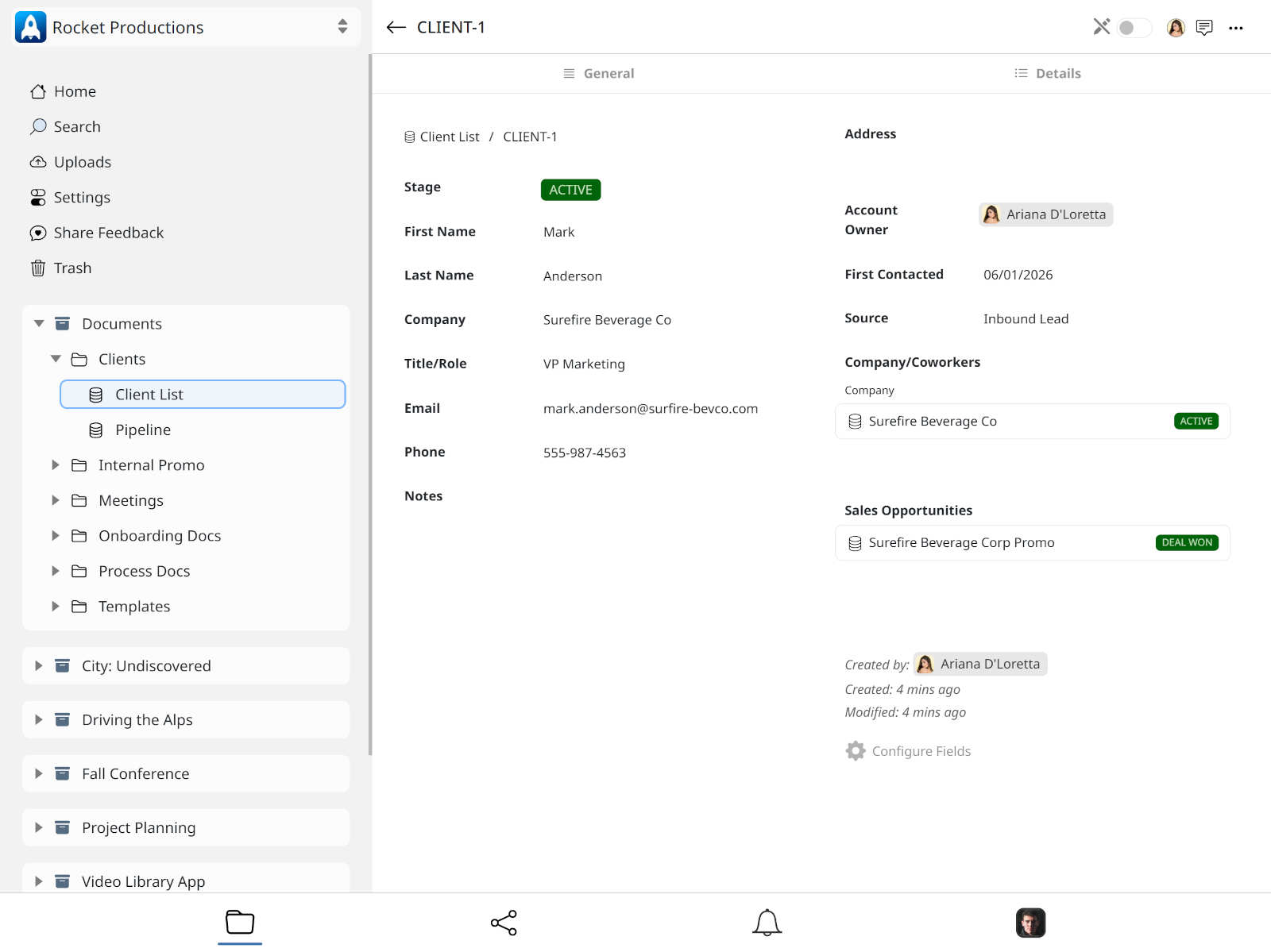 A client record in Flurrio's CRM template showing stage, contact details, and linked sales opportunities