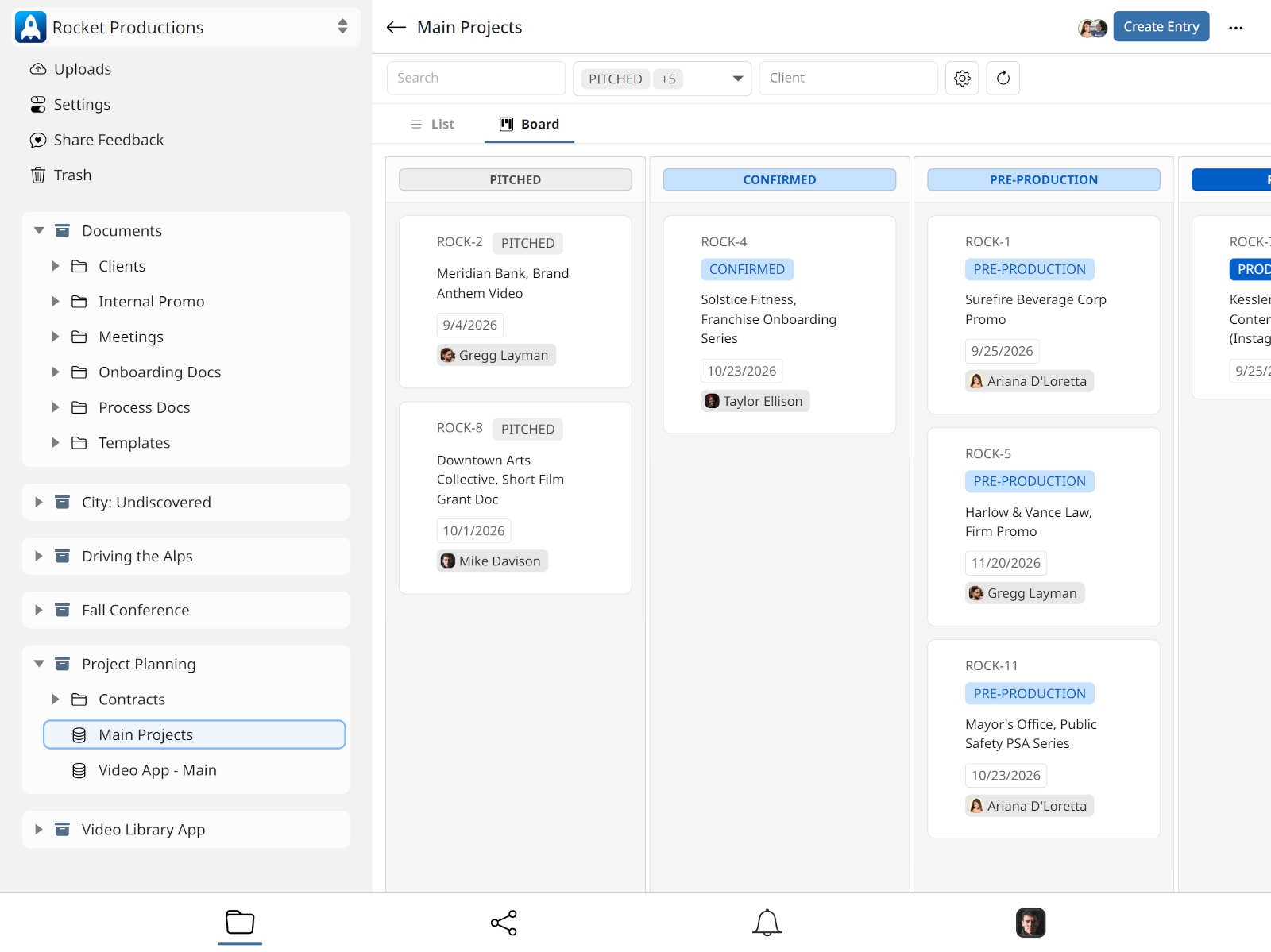 A Flurrio board tracking deliverables by status, owner, and due date