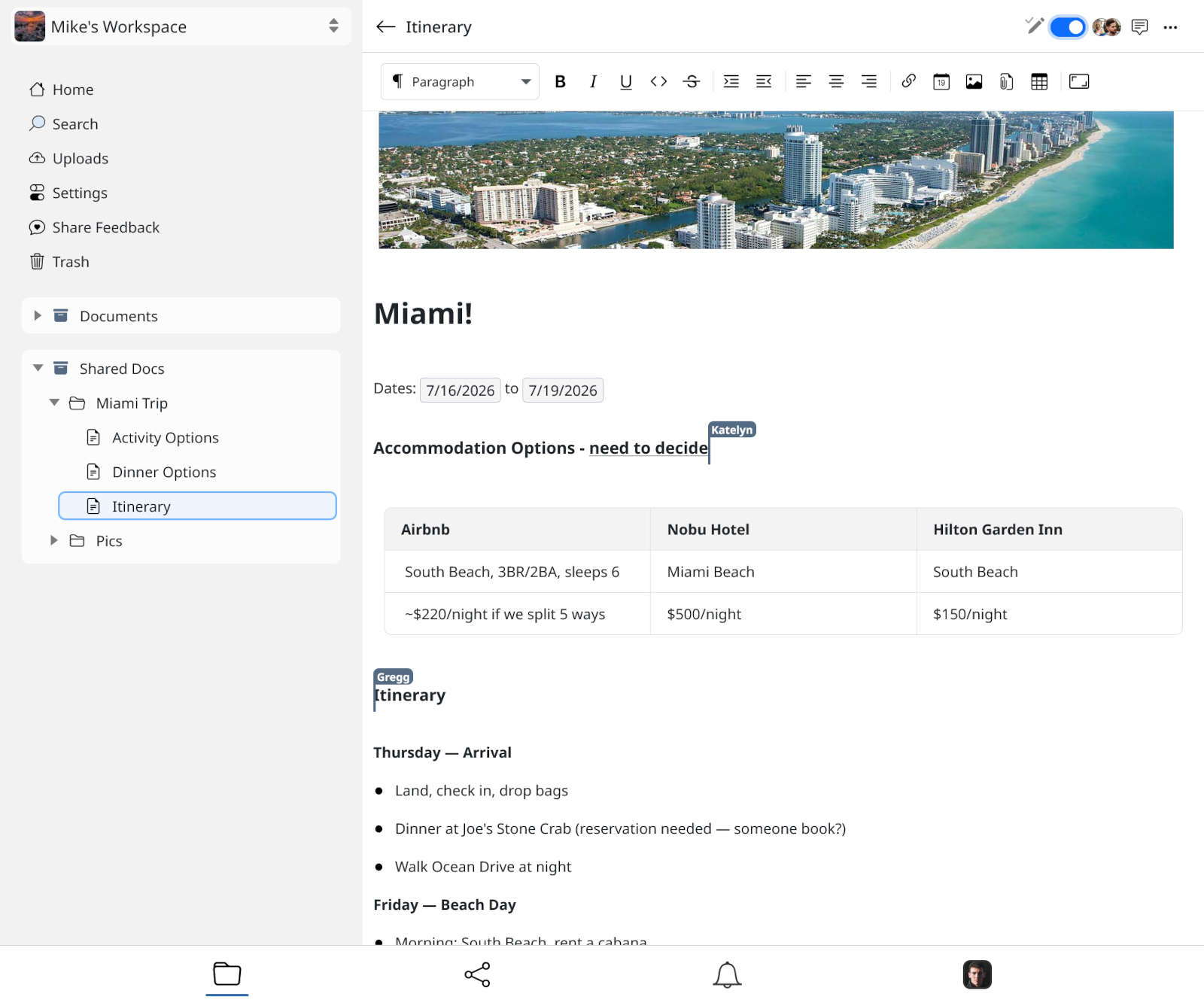 A shared Flurrio document with several people editing it at the same time